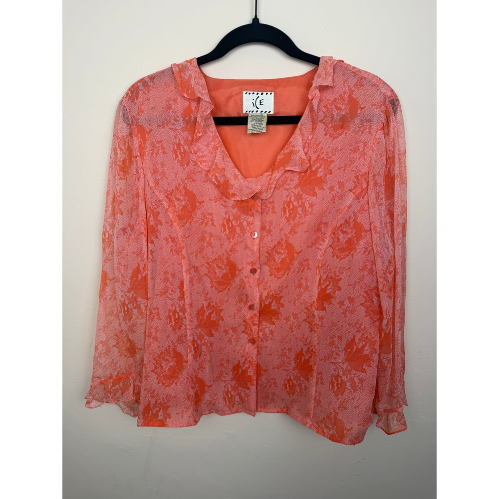 100% Silk Coral Pink XL Sheer Floral Blouse Ruffle Collar Romantic